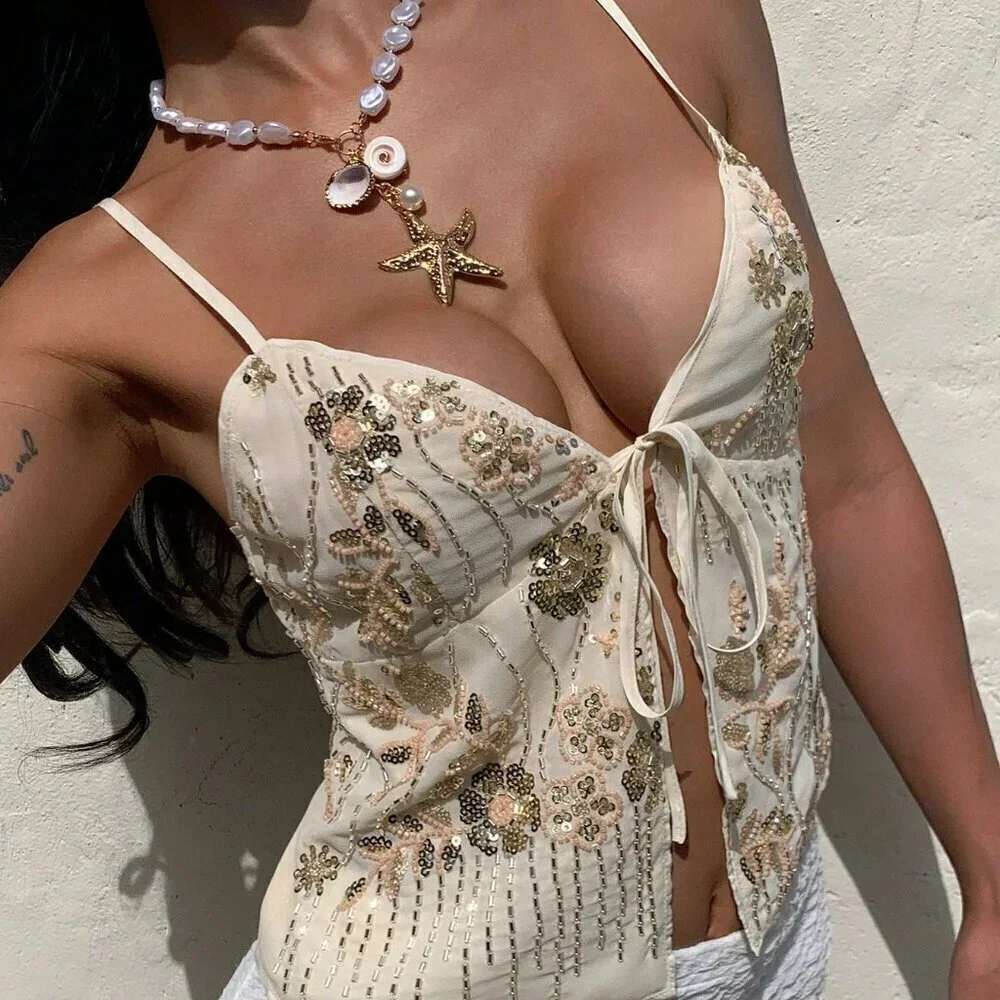 Multicolor Boho Women's Sequin Embroidered Camisole Tank Top - Picture 8 of 10